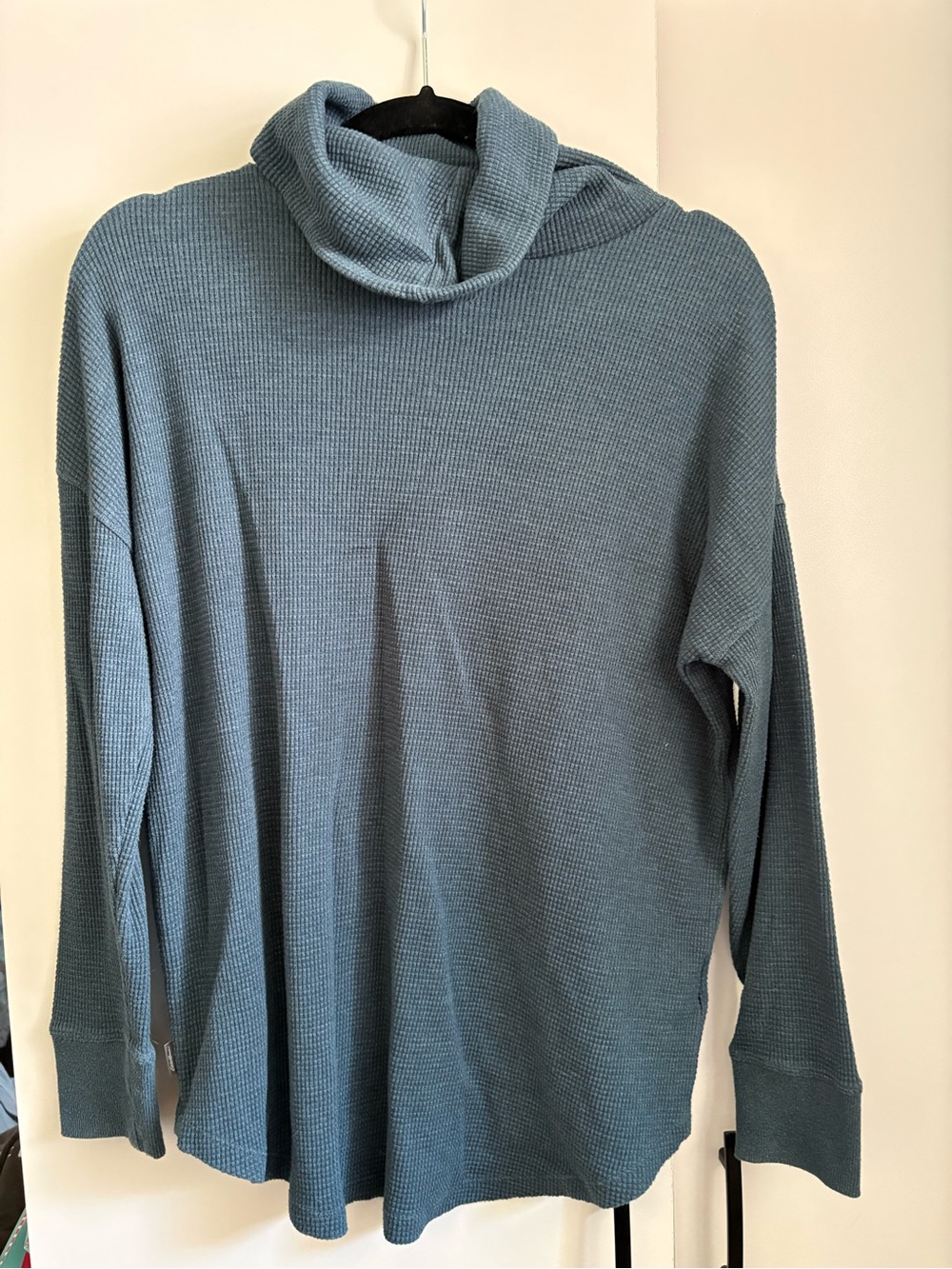 Eddie Bauer Women's Slate Blue Waffle Knit Cowl Neck Long Sleeve Top